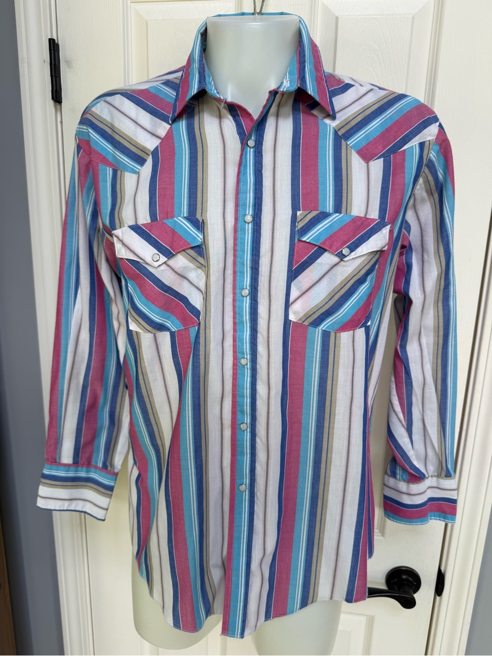 HOLT Western Shirt Men Pink Blue Striped Long Sleeve Pearl Snap Button Up sz XL